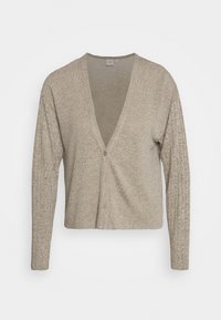 Beige Strickjacke mit tiefem V-Ausschnitt und langen Ärmeln. Verfügt über eine Knopfverschluss vorne und hat ein strukturiertes Strickmuster.