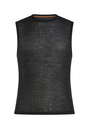 Sort ærmeløs atletisk top i mesh med rund hals og diskret mærkelogo centreret på brystet.