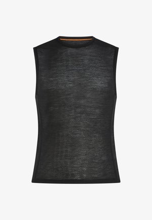 Sort ærmeløs atletisk top i mesh med rund hals og diskret mærkelogo centreret på brystet.