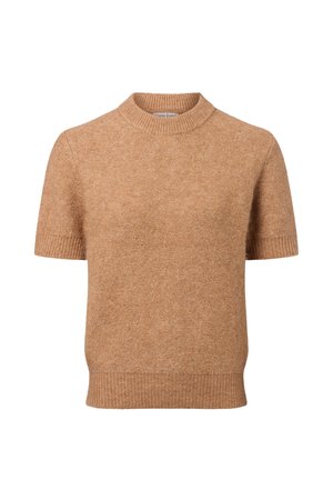 Short-sleeve, crewneck sweater in soft, light brown knit fabric. Features ribbed cuffs and hem. Smooth texture with a subtle pattern.