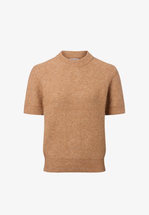 Kurzarmpullover mit Rundhalsausschnitt aus weichem, hellbraunem Strickmaterial. Mit gerippten Bündchen und Saum ausgestattet. Glatte Textur mit einem subtilen Muster.