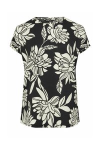 T-shirt nera a fiore con grande stampa di un fiore bianco, maniche corte e scollatura rotonda. Realizzata in tessuto testurizzato.