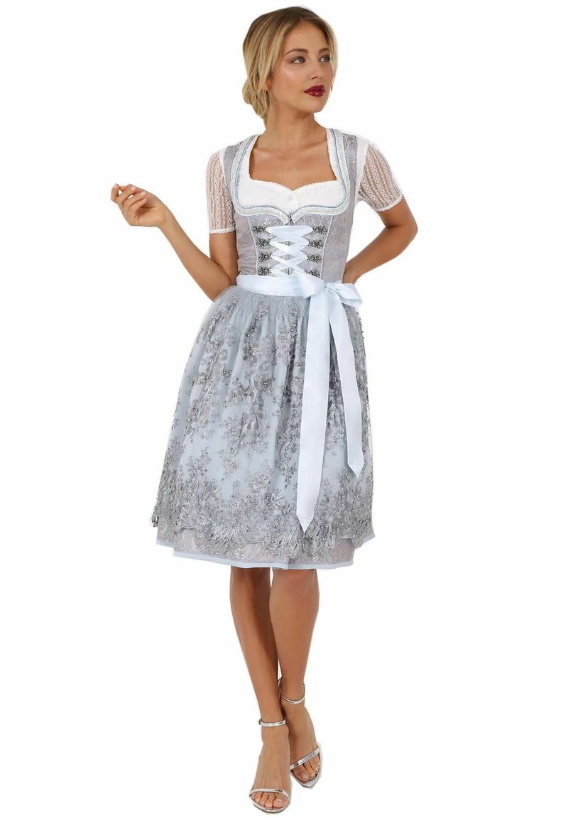 Graues Dirndlkleid mit tailliertem Oberteil, Schnürung an der Vorderseite, kurzen Spitzenärmeln und einem ausgestellten Rock mit floraler Stickerei und satiniertem Gürtel.