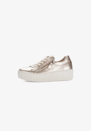 Metallic gold sneaker with a platform sole, lace-up front, and side zip detail. Smooth texture and rounded toe design.