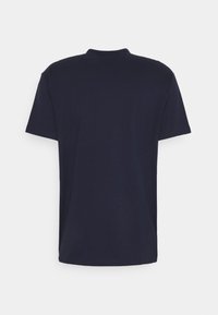 Navy blue cotton t-shirt with short sleeves, a round neckline, and a plain design, featuring a soft, smooth texture.