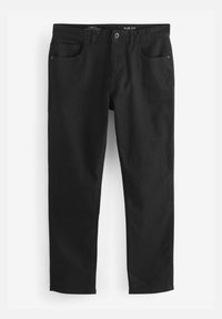 Zwarte slim-fit broek met vijf zakken, gemaakt van gladde stof, voorzien van een knoopsluiting en riemlussen. Eenvoudig ontwerp, zonder zichtbare patronen.