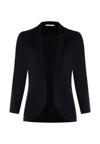 Schwarze Blazer mit tailliertem Design, mit Reverskragen und langen Ärmeln. Hergestellt aus glattem Stoff mit einem minimalistischen Ästhetik. Keine sichtbaren Knöpfe oder Verschlüsse.