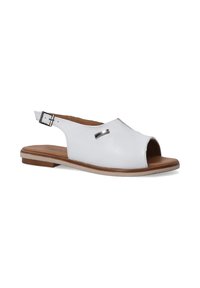 Witte leren slingback sandaal met een open teen, bruine inlegzool en een kleine zilveren accent. Voorzien van een gesp voor een verstelbare pasvorm. Platte zool.