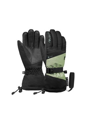 Black and green insulated gloves with leather palms, adjustable wrist strap, elastic cuffs, and textured fabric on the back for grip.