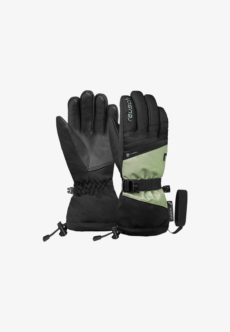 Schwarze und grüne isolierte Handschuhe mit Lederpalmen, verstellbarem Handgelenkband, elastischen Bündchen und strukturiertem Stoff auf der Rückseite für besseren Grip.