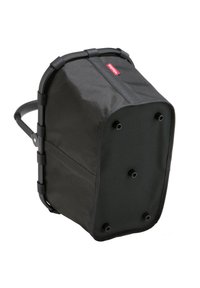 Zwarte stoffen tas met een rechthoekige vorm, voorzien van een stevig frame, kunststof accenten en zes ronde voeten aan de onderkant voor stabiliteit.