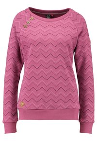 Suéter de manga larga rosa con patrón de zigzag, tres botones decorativos cerca del cuello, puños y dobladillo acanalados, y pequeño parche de logo marrón cerca de la cintura.