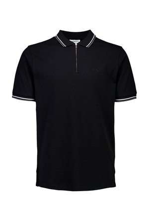 Sort polo shirt med korte ærmer og hvid stribe-detaljer på krave og ærmer, med en kort frontlynlås og subtilt logo på brystet.