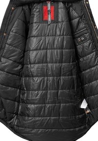 Black puffer jacket interior with quilted pattern and shiny, smooth texture. Features tags and a small pocket on the left side.