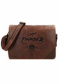 Brown leather messenger bag with a flap, featuring embossed graphics and checkered accents. Adjustable strap and smooth, textured finish.