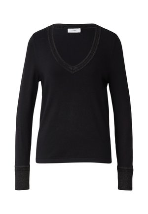 Top nero a maniche lunghe con scollo a V, rifinito con un sottile bordo metallico testurizzato, polsini aderenti e un tessuto liscio e morbido.