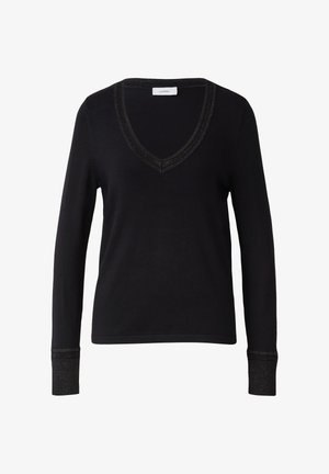 Zwarte langdraagtop met een V-hals en een subtiel gemetalliseerd accent, aansluitende manchetten en een soepele, zachte stof.