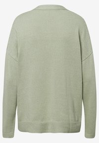Pull tricoté vert clair à manches longues avec épaules tombantes, col, poignets et ourlet côtelés, vu de dos.