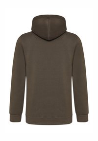 Olivgrüner Hoodie mit weicher Textur, ausgestattet mit einer großen, runden Kapuze, langen Ärmeln und einem einfarbigen Stoff ohne Muster oder Verzierungen.