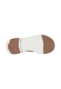 Suela de zapato con una base de goma blanca texturizada y acentos marrones. Presenta líneas curvas y ranuras para un mejor agarre y flexibilidad.