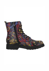 Bottines noires à motif floral, ornées de designs rouges, bleus et jaunes, avec un laçage à l'avant et une fermeture éclair sur le côté. Semelle épaisse avec un caractère texturé.