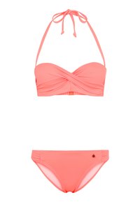 Set di bikini corallo con top senza spalline che presenta un design frontale attorcigliato e lacci regolabili. I pantaloni hanno arricciature laterali e un piccolo dettaglio con logo.