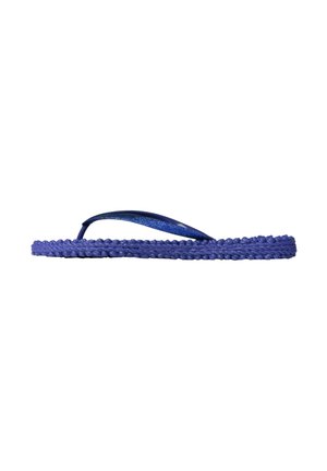 Paarse teenslippers met gevlochten textuur, voorzien van dunne bandjes. Het materiaal heeft een glanzende afwerking, wat een contrast vormt met de gestructureerde zool.