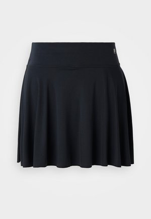 Sort A-linje nederdel med bred taljeelastic, lavet af glat, let stof; den udvider sig blidt fra taljen til en længde, der når til knæet.