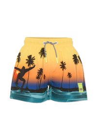 Żółte kąpielówki z czarnym nadrukiem palmy i deskorolkarza, z tłem w gradientowym zachodzie słońca i zielonymi akcentami. Zawierają elastyczny pas.