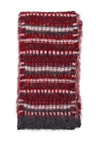 Red and gray knitted scarf featuring a soft, fuzzy texture with alternating horizontal stripes of solid and patterned sections.