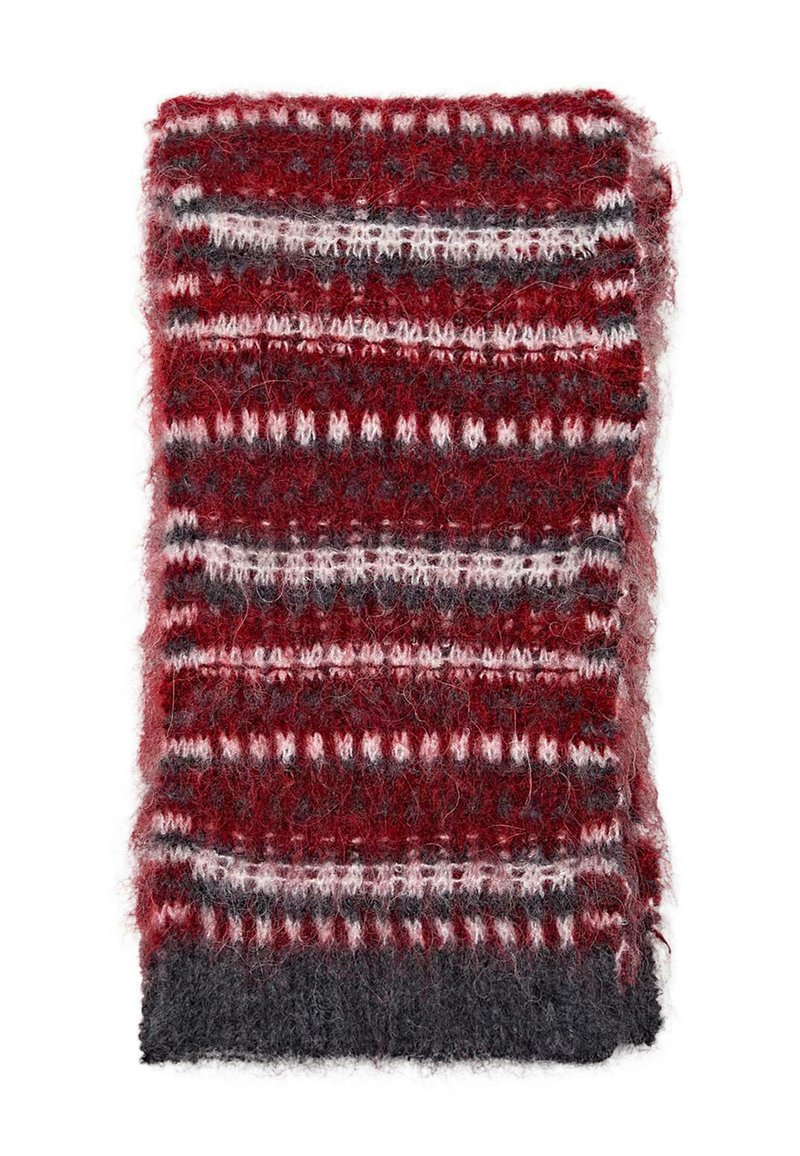 Red and gray knitted scarf featuring a soft, fuzzy texture with alternating horizontal stripes of solid and patterned sections.