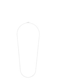 Collana sottile in argento con un piccolo gancio, posata su uno sfondo bianco.