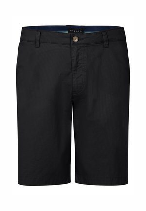 Schwarze Shorts aus leichtem Stoff, mit Knopfverschluss, zwei Vordertaschen und einem klaren, taillierten Schnitt. Minimalistisches Design ohne Muster.