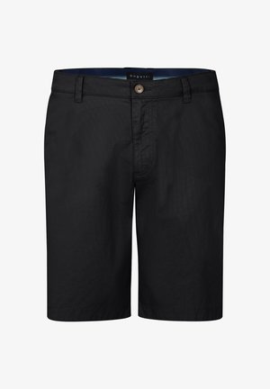 Schwarze Shorts aus leichtem Stoff, mit Knopfverschluss, zwei Vordertaschen und einem klaren, taillierten Schnitt. Minimalistisches Design ohne Muster.
