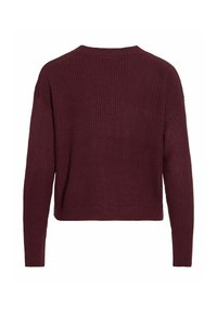 Pull en tricot bourgogne avec un motif texturé, col rond et manches longues. Coupe décontractée avec ourlet et poignets côtelés visibles.