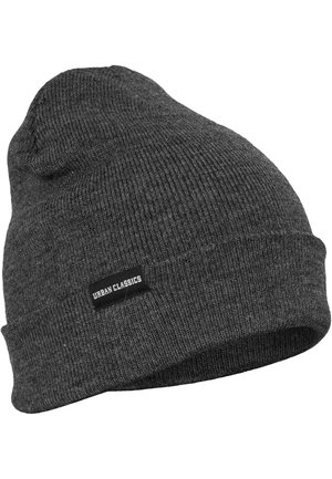 Gray knit beanie hat with a folded cuff, featuring a small black label with white text. Made from soft, textured fabric.