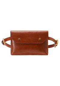 Pochette in pelle marrone con chiusura a pattina, due bottoni a pressione in ottone e una tracolla staccabile. Texture liscia con dettagli di cucitura minimi.