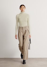 Svetlozeleni rebrasti pulover s turtleneck ovratom je kombiniran z bež širokimi hlačami. Črne čevlje s koničastim robom in srebrna torbica poudarjata izgled.