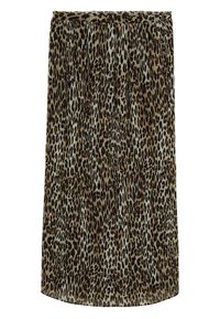 Maxi sukně s leopardím potiskem vyrobená z lehkého materiálu. Má nařasený pas a splývavý střih. Barevná paleta zahrnuje odstíny hnědé, béžové a černé akcenty.