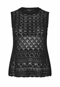 Svart ärmlös stickad topp med en bred rund halsringning, intrikat mönstrad spetsdesign och scalloped nederkant med en texturerad finish.
