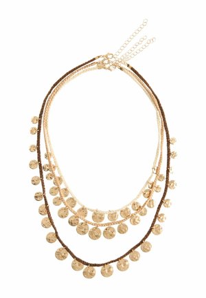 Three layered braided necklaces in brown, beige, and cream with multiple small round gold pendants on each strand.