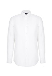 Biała koszula z długim rękawem z kołnierzykiem, z zapięciem na guziki z przodu i prostym dołem. Wykonana z gładkiego materiału bez widocznych wzorów lub akcentów.