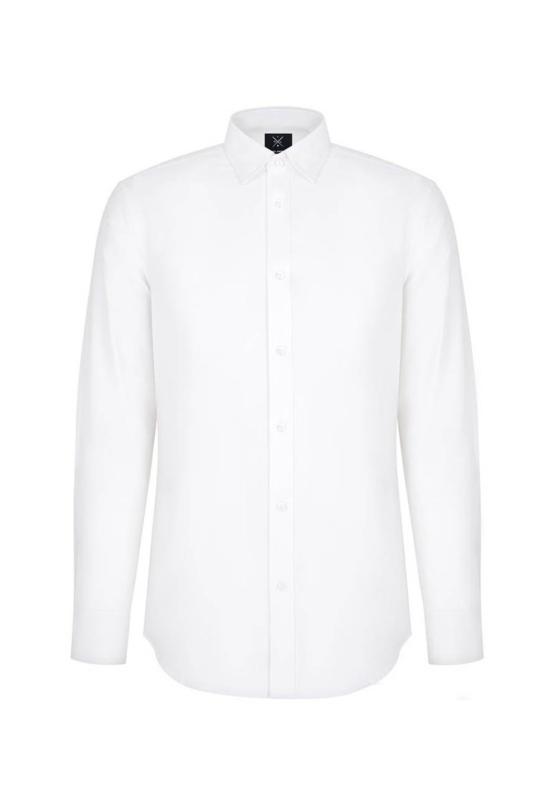 Biała koszula z długim rękawem z kołnierzykiem, z zapięciem na guziki z przodu i prostym dołem. Wykonana z gładkiego materiału bez widocznych wzorów lub akcentów.