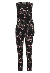Black floral jumpsuit with short sleeves, featuring pink and white flowers, a wrap design at the waist, and tapered leg cut.
