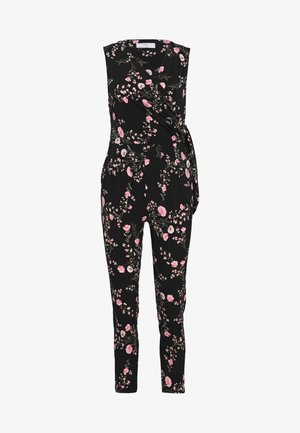 Schwarzer Jumpsuit mit kurzen Ärmeln, verziert mit rosa und weißen Blumen, mit einem Wickeldesign in der Taille und schmal zulaufendem Bein.