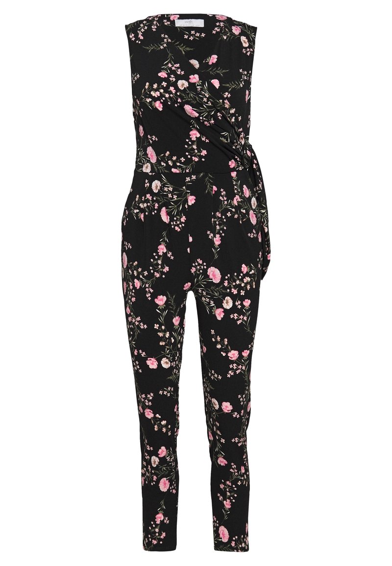 Black floral jumpsuit with short sleeves, featuring pink and white flowers, a wrap design at the waist, and tapered leg cut.