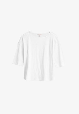 Cămașă albă cu mâneci scurte, cu un decolteu larg, croială lejeră și textură moale. Design simplu, fără embellishments sau modele.