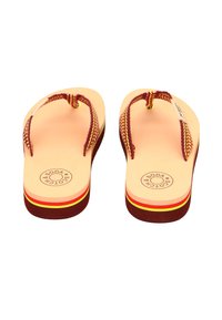 Flip-flops with a tan footbed, multicolored striped sole, and burgundy braided straps. Logo printed on the insole.