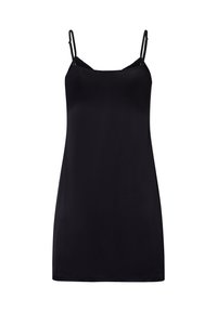Abito camicia nero realizzato in tessuto liscio. Presenta spalline sottili regolabili e una silhouette semplice a trapezio con dettagli in pizzo nella scollatura.