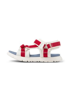 Sandalo bianco con cinturini regolabili rossi, plantare imbottito blu e suola spessa bianca scanalata, mostrato di profilo laterale.
